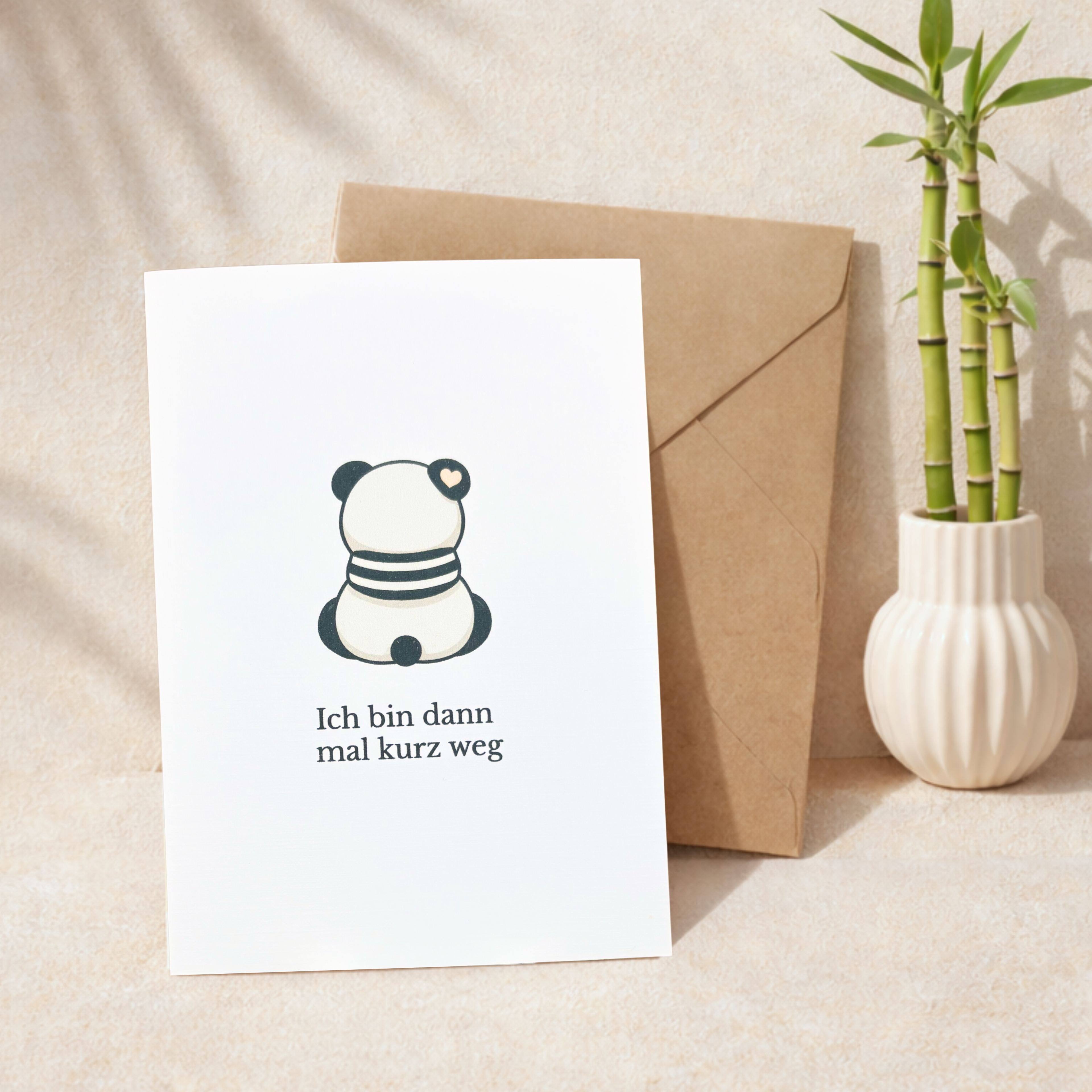 Leinen Grußkarte „Ich bin dann mal kurz weg“ – lustige Panda Karte inkl. Umschlag