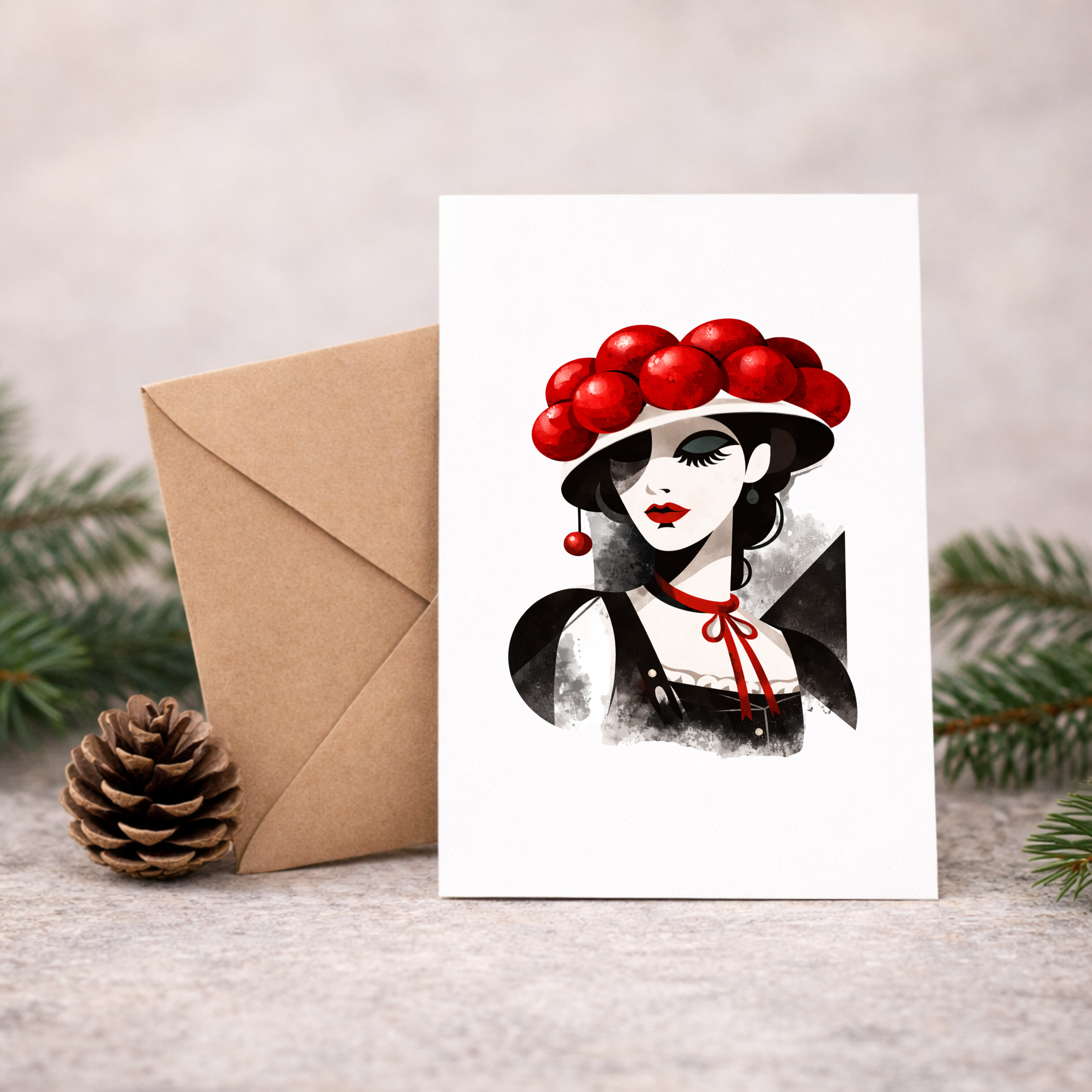 Leinen Grußkarte „Tannennacht“ – Black Forest Collection – elegante Schwarzwald Kunstkarte in Schwarz-Rot inkl. Umschlag