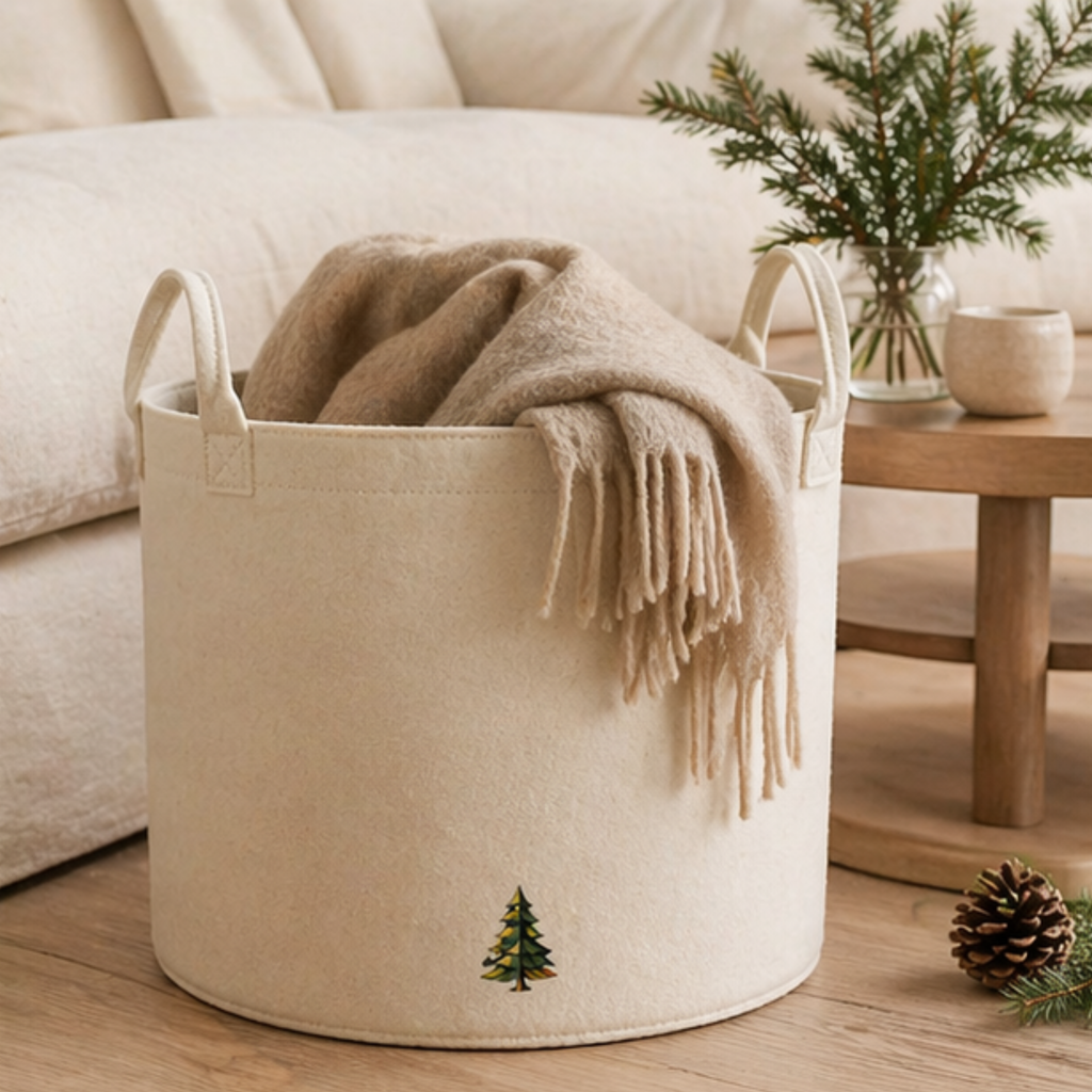 Filz Aufbewahrungskorb 50L – Black Forest Collection, Holzkorb, Deckenkorb & stilvolle Aufbewahrung mit Tannenmotiv