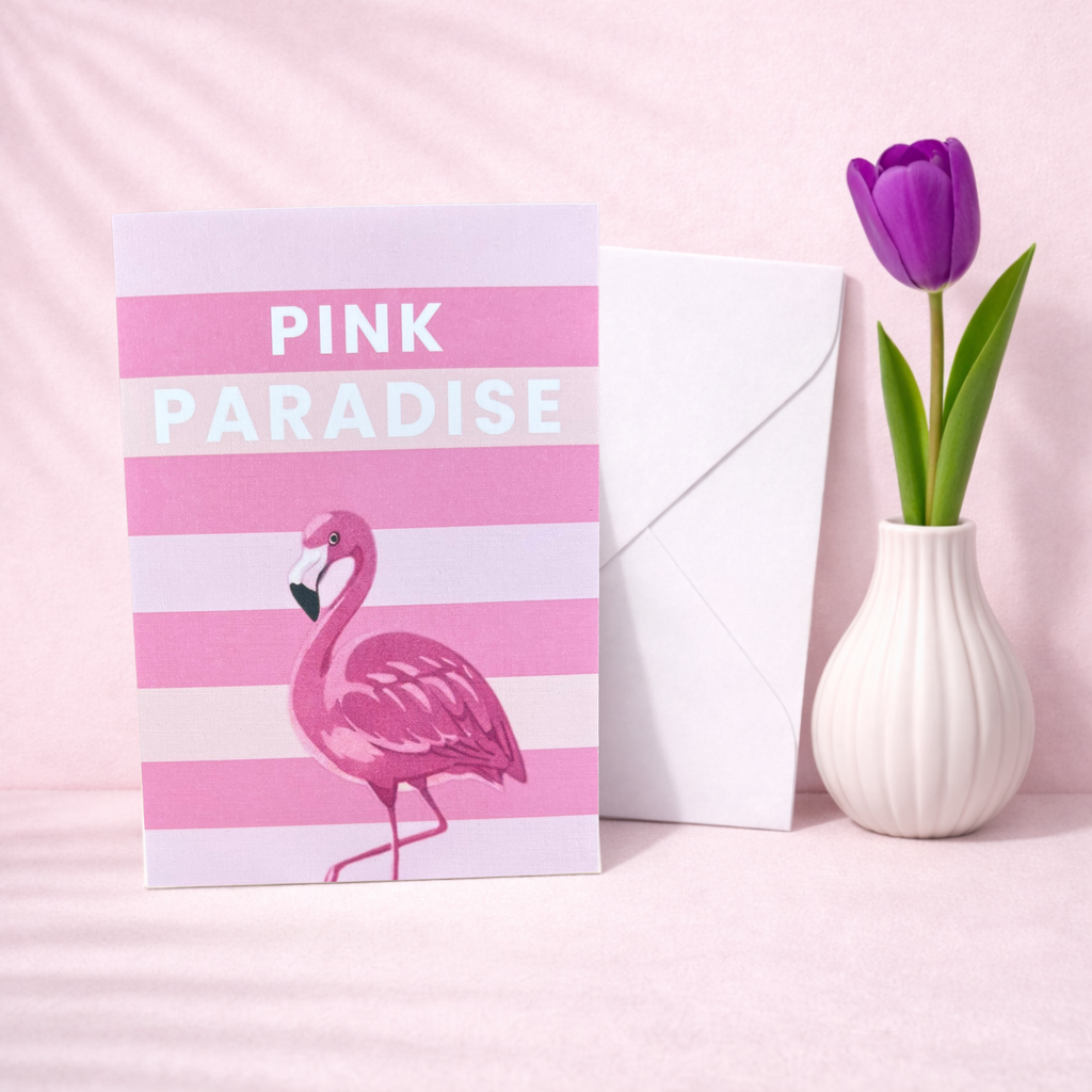 Leinen Grußkarte „Pink Paradise“ – sommerliche Flamingo Karte mit Umschlag