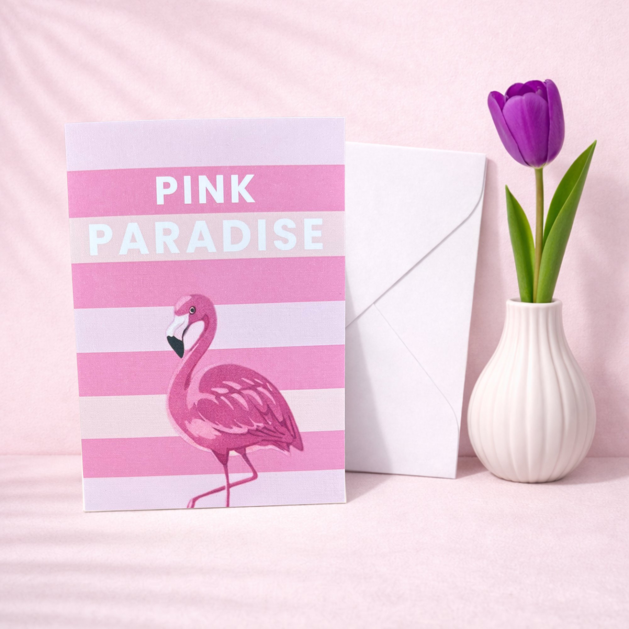 Leinen Grußkarte „Pink Paradise“ – sommerliche Flamingo Karte mit Umschlag