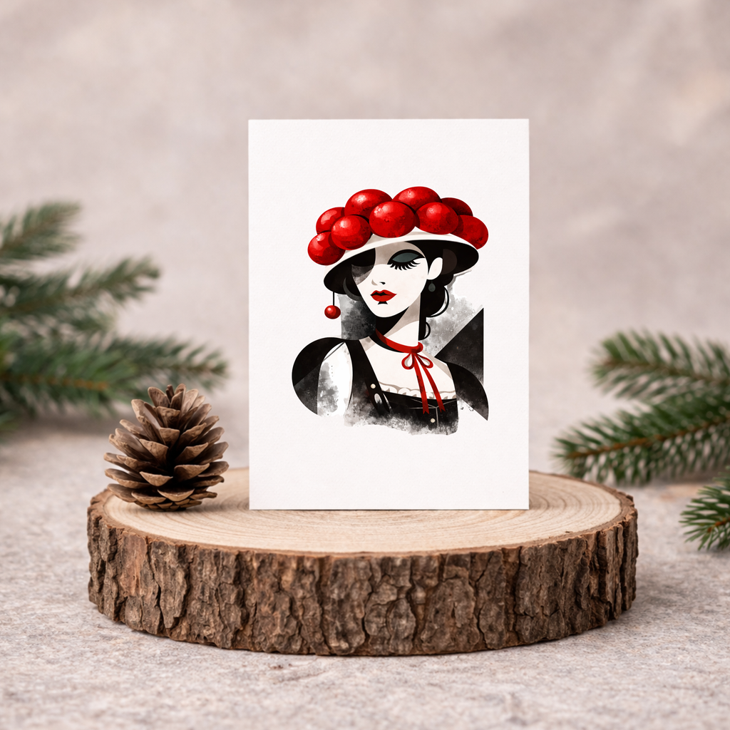 Leinen Grußkarte „Tannennacht“ – Black Forest Collection – elegante Schwarzwald Kunstkarte in Schwarz-Rot inkl. Umschlag