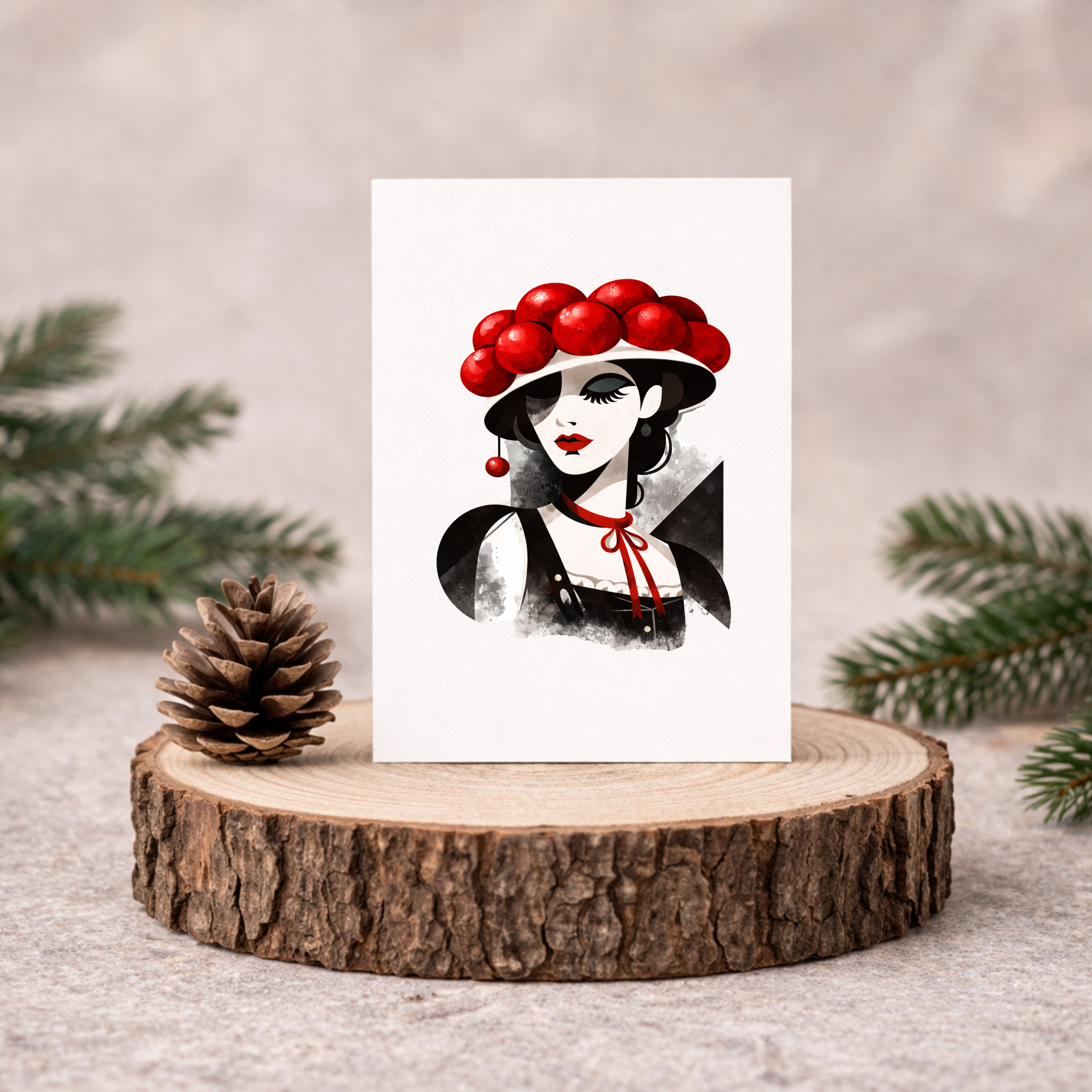 Leinen Grußkarte „Tannennacht“ – Black Forest Collection – elegante Schwarzwald Kunstkarte in Schwarz-Rot inkl. Umschlag