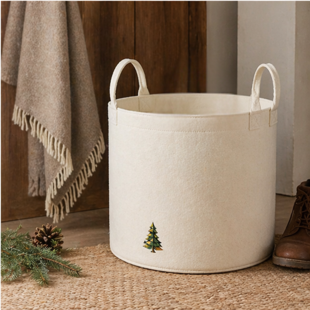 Filz Aufbewahrungskorb 50L – Black Forest Collection, Holzkorb, Deckenkorb & stilvolle Aufbewahrung mit Tannenmotiv