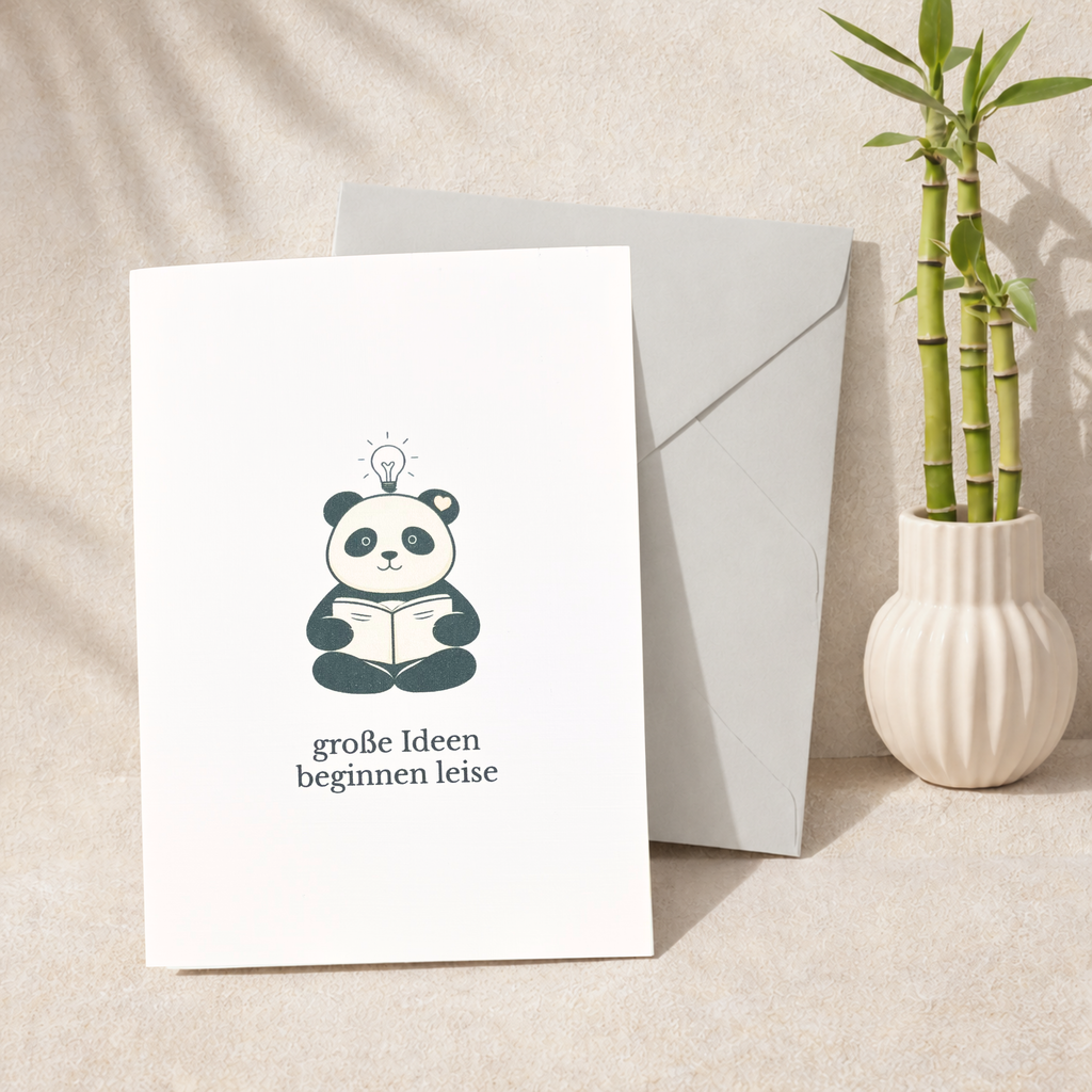 Leinen Grußkarte „Große Ideen beginnen leise“ – Panda Motiv Inspiration inkl. Umschlag